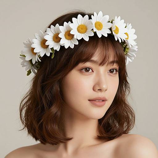 Photograph of an Asian woman with shoulder-length brown hair, wearing a white daisy flower crown, against a plain white background.