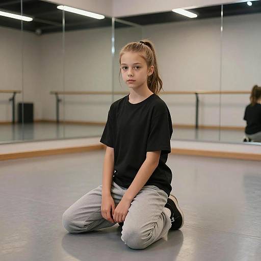 Photograph of a young Caucasian girl with light brown hair in a ponytail, wearing a black t-shirt and gray pants, kneeling on a dance studio