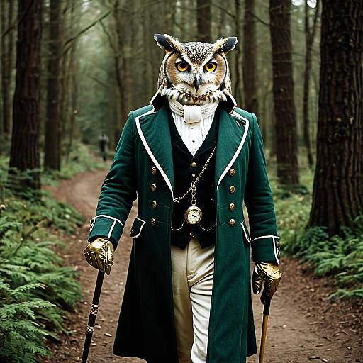 Owl in Regency Era Coat with Cane