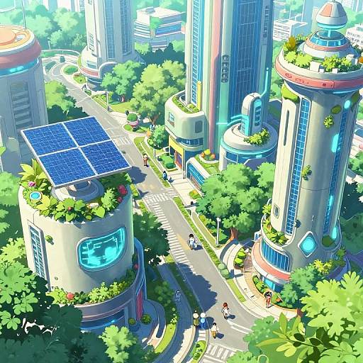 Digital anime-style illustration of a futuristic city with tall, cylindrical buildings covered in greenery, solar panels, and a vibrant street.