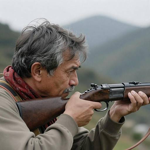 Focused Man Aiming Vintage Rifle Outdoors