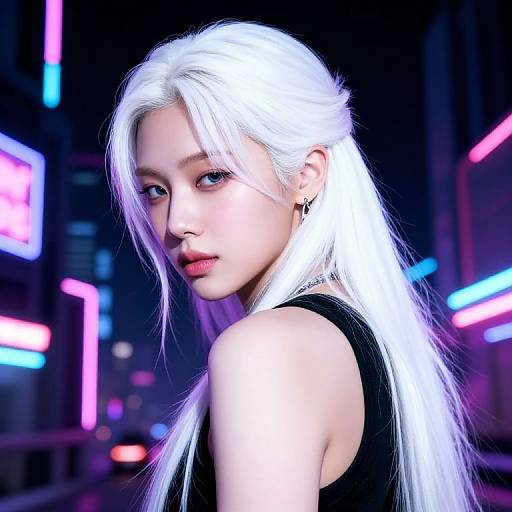 CGI digital art of a white-haired woman with pale skin, black tank top, and black earrings, in a neon-lit city night.