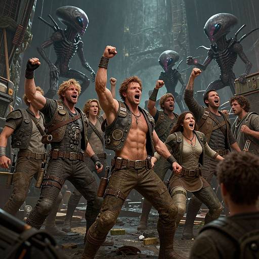 Digital artwork of a fierce, shirtless, muscular man with raised fists leading a team in combat gear, facing alien creatures in a dark, industrial sci