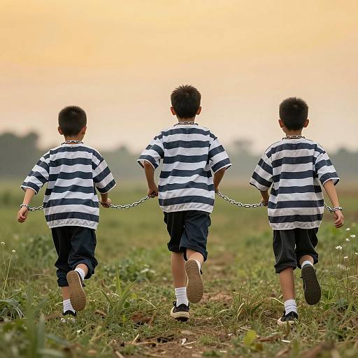 Children Escaping in Striped Prison Attire