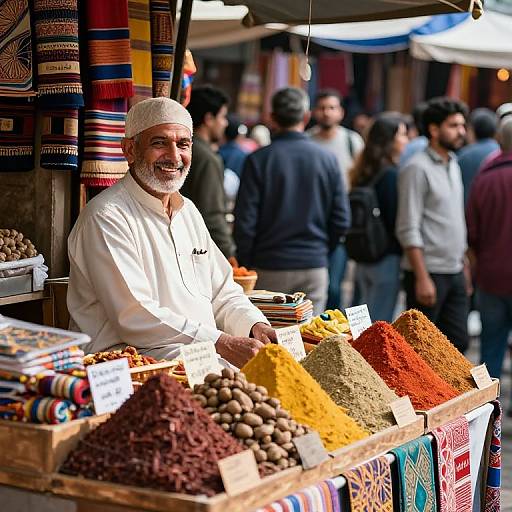 Joyful Merchant at Vibrant Market Stall