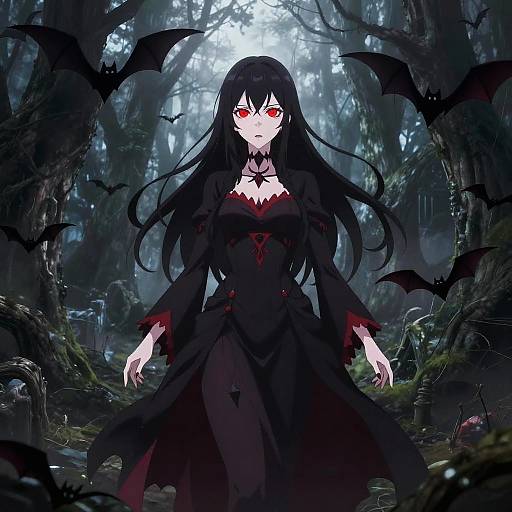Digital anime-style drawing of a pale-skinned, black-haired vampire woman with red eyes, wearing a tattered black dress, standing in a dark,