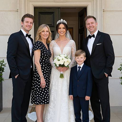 Photograph of a smiling bride in a white lace gown, holding a bouquet, flanked by groom, mother in polka-dot dress, and son