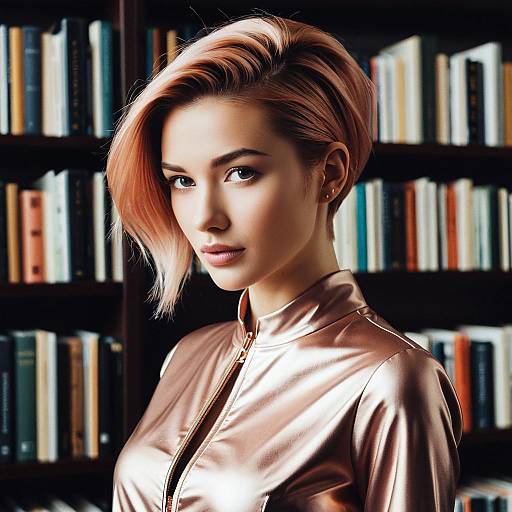 Fashion model with rose gold hairstyle in library