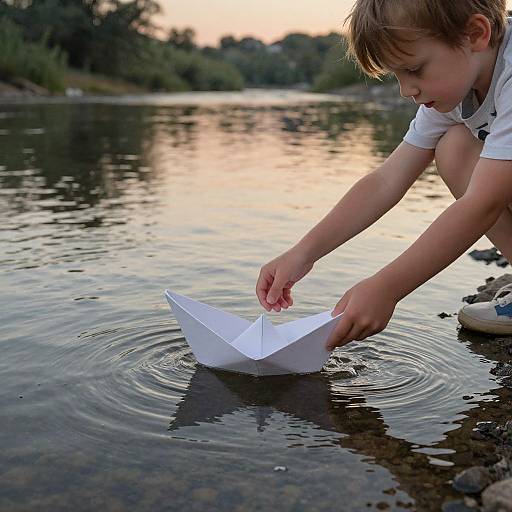 Photograph of a young boy with light brown hair, wearing a white shirt, folding a white paper boat in a calm river at sunset, ripples