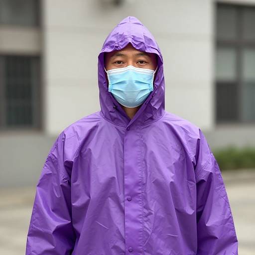 Person in Purple Raincoat with Mask