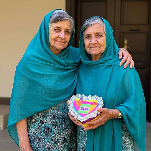 Photograph of two elderly women in teal shawls, standing closely, holding a heart-shaped, digitally altered ornament with colorful patterns.