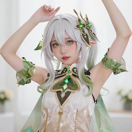 Anime Woman with White Hair and Green Gems