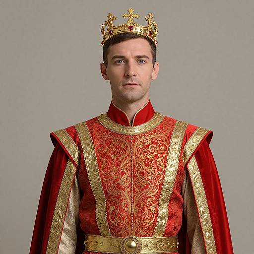 Photograph of a young man with short dark hair, wearing a gold crown and elaborate red and gold royal robe, against a plain gray background.