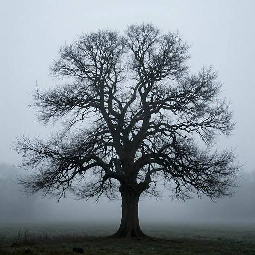 Silhouetted, leafless tree with intricate branches stands alone in a foggy, misty landscape, creating a haunting, atmospheric effect. Photograph