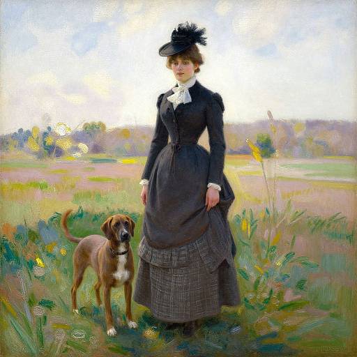 Oil painting of a Victorian woman in a black dress and hat, standing in a grassy field with a brown dog.