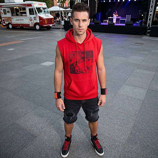 Photograph of a fit, light-skinned man with short dark hair, wearing a sleeveless red hoodie, black shorts, black and red sneakers,