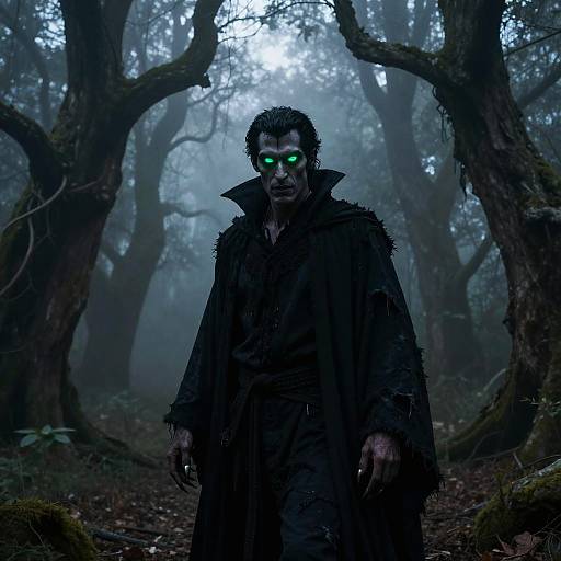 Black Male Vampire with Glowing Green Eyes in Foggy Forest