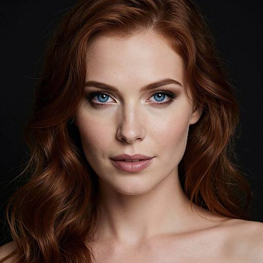 Photograph of a fair-skinned, red-haired woman with striking blue eyes, subtle makeup, and wavy hair against a black background.