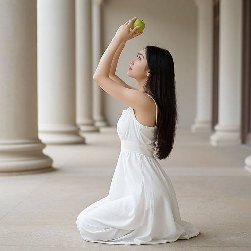 Photograph of an Asian woman with long black hair, kneeling in a white dress, holding a green apple, in a columned, bright hallway.