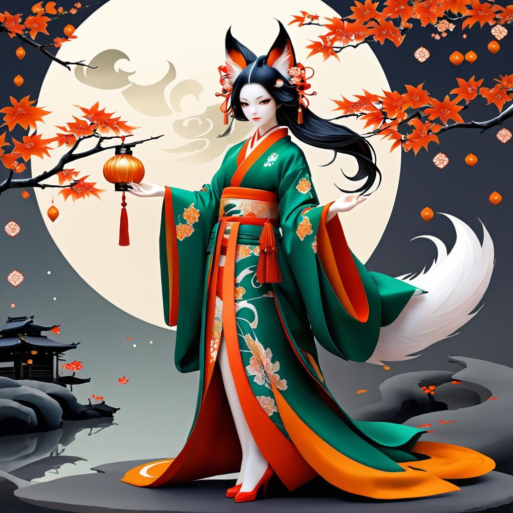 Cunning Kitsune in Traditional Kimono Art