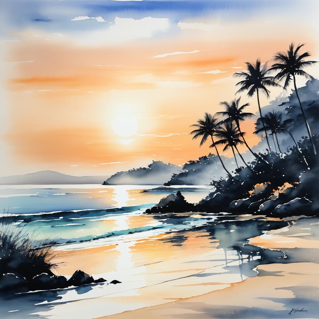 Serene Beach Sunrise Ink Painting