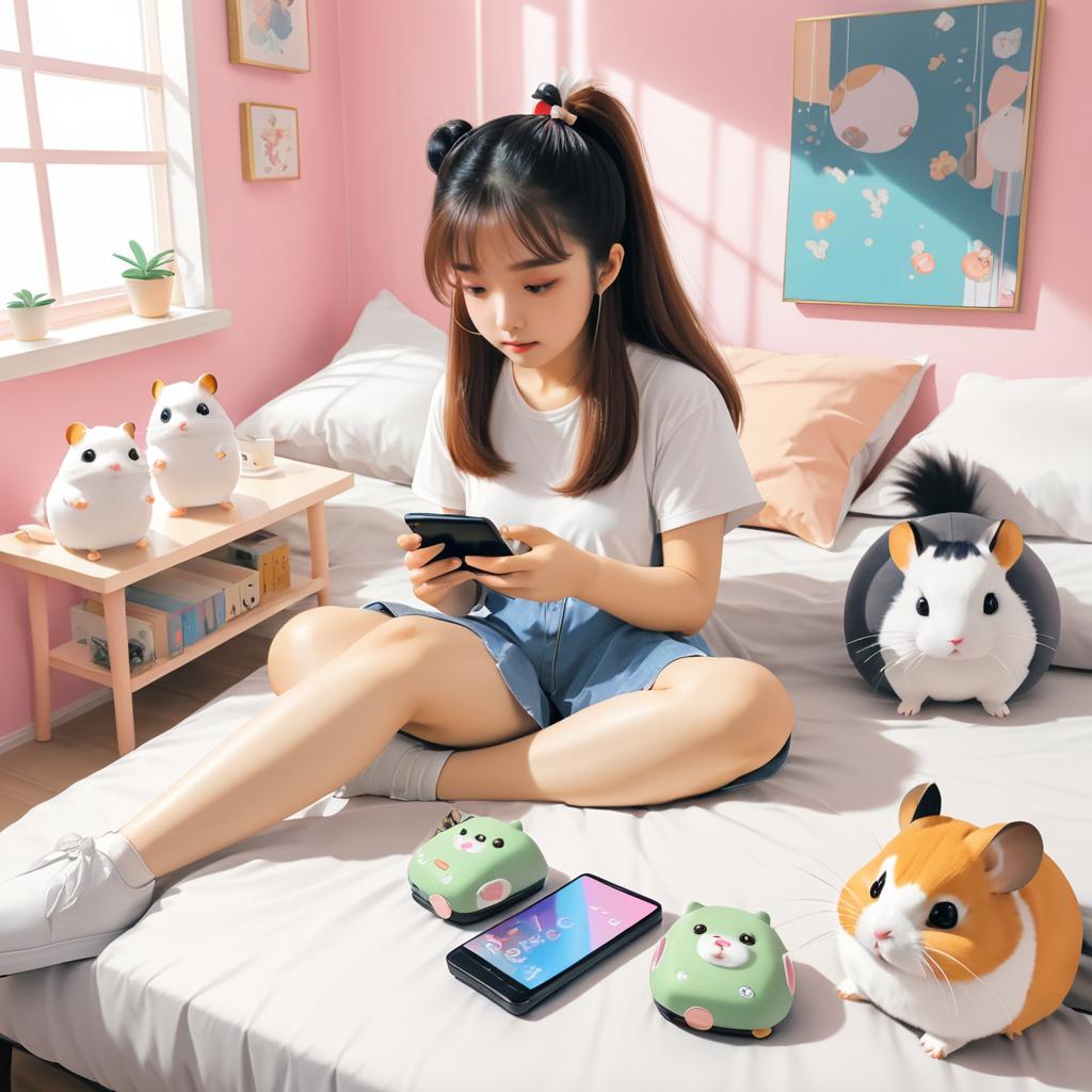 Anime Girl with Hamster and Pets