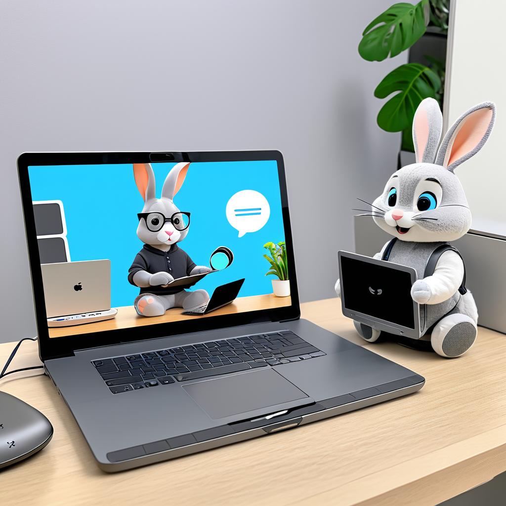 Smiling Grey Rabbit Working with Tech