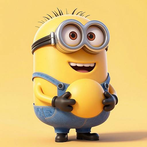 CGI image of Minion-style character with yellow round body, blue overalls, black gloves, goggles, and spiky hair, holding a yellow