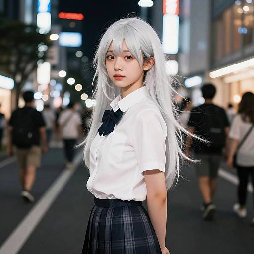 Digital artwork of a young Asian woman with long white hair, wearing a white blouse and black plaid skirt, standing on a neon-lit city street