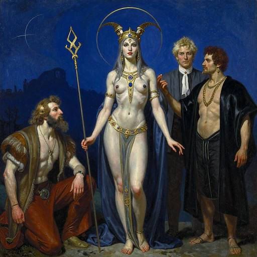 Digital painting: Goddess with pale skin, gold horned headdress, and minimal golden loincloth, flanked by three men in classical attire,