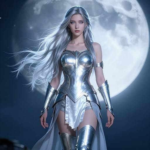 CGI image of a silver-haired woman in shining, metallic armor, standing in front of a bright full moon, with dark background. Fantasy, warrior
