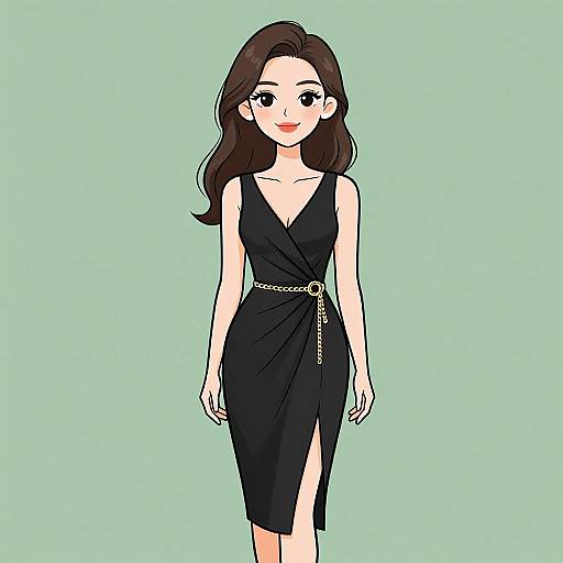 Digital drawing of a smiling woman with long brown hair, wearing a black, sleeveless, wrap dress with a silver belt and chain, against a light