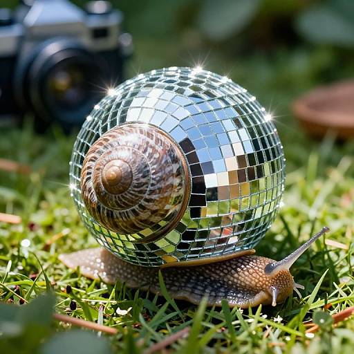 Photograph of a snail with a spiral shell encased in a shiny, reflective disco ball, on green grass with a blurred vintage camera in the