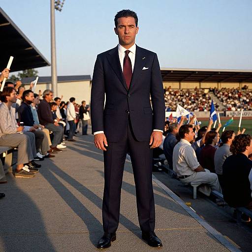 Photograph of a tall, dark-haired man in a black suit, white shirt, and red tie standing confidently in a crowded sports stadium.
