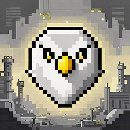 Pixel art of a pixelated eagle with a yellow beak, surrounded by a futuristic cityscape with grey skyscrapers and glowing lights. 