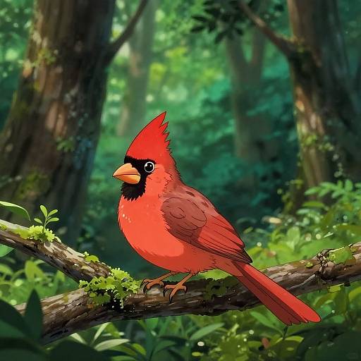 Digital illustration of a vibrant red cardinals with black face markings, perched on a mossy forest branch, surrounded by lush greenery.