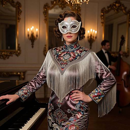 Elegant Woman in Embroidered Silky Costume and Pearl Mask