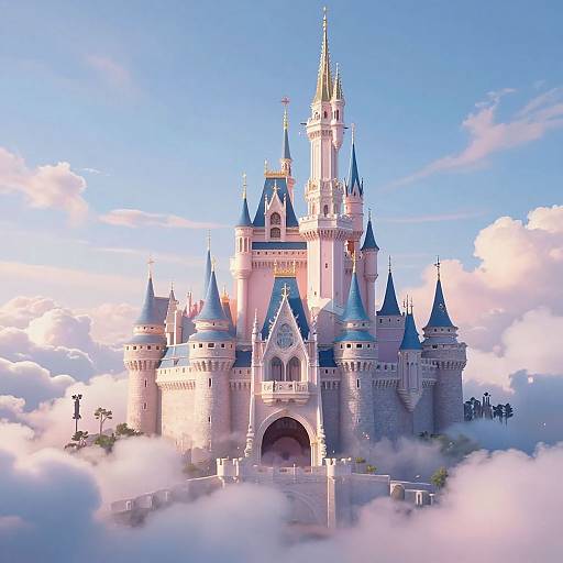 Photorealistic CGI of a majestic, pink and blue fairy-tale castle with multiple towers, surrounded by fluffy white clouds under a clear blue sky.
