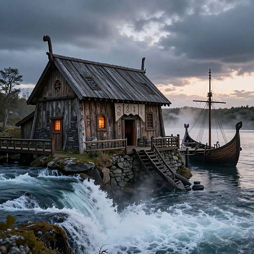 Fantasy Viking Longhouse by Waterfall