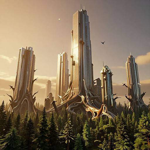 Photograph-style CGI of futuristic cityscape at sunset, featuring towering, organic skyscrapers with twisted, tree-like structures amidst a dense forest, with