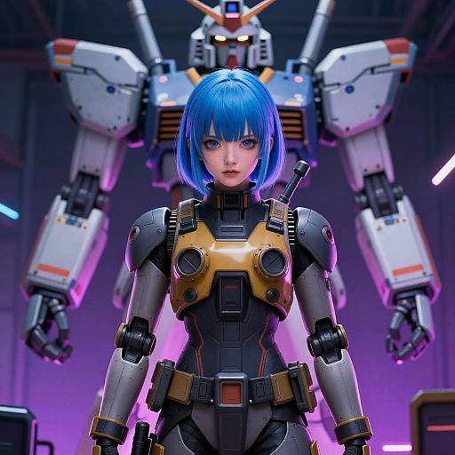 Anime Style Mecha Pilot with Blue Hair and Giant Robot