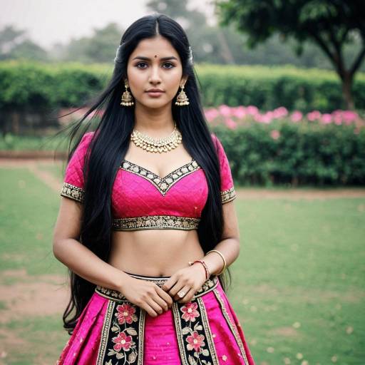 Woman in Pink Jacquard Lehenga Choli Outdoors