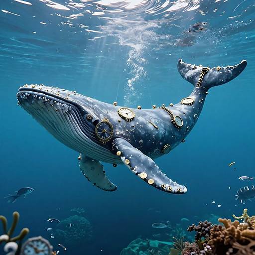Photograph of a majestic blue whale with barnacles on its skin, swimming underwater in a vibrant, sunlit ocean scene.