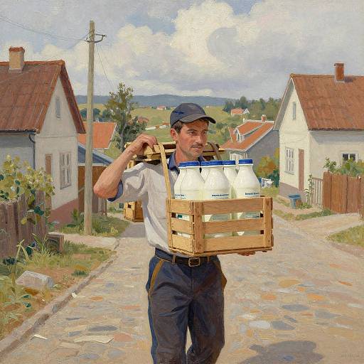 Oil painting of a middle-aged man in a cap, white shirt, and dark pants, carrying milk crates down a rural street.