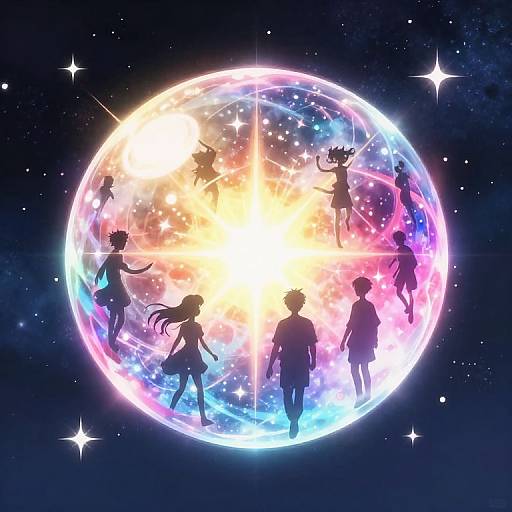 Digital anime art: Silhouetted characters with various styles and clothing float around a vibrant, glowing planet in a starry night sky.
