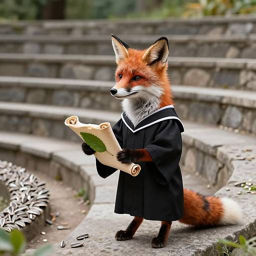 Photorealistic digital illustration of a fox in a black academic robe, holding rolled parchment, standing on stone steps in a garden.