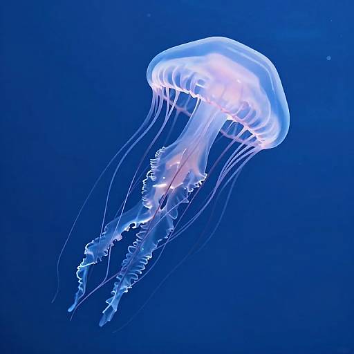Photograph of a glowing, translucent jellyfish with long, flowing tentacles against a deep blue underwater background, highlighting its ethereal beauty.