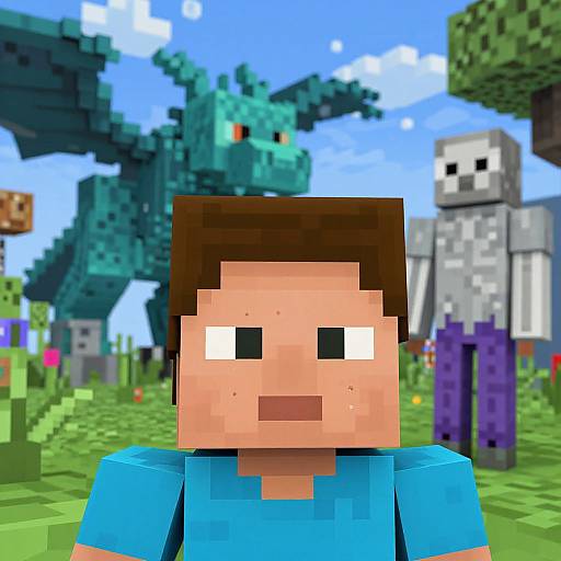 Pixel art of a surprised Minecraft character with brown hair, blue shirt, in a grassy field with a green dragon and white skeleton.