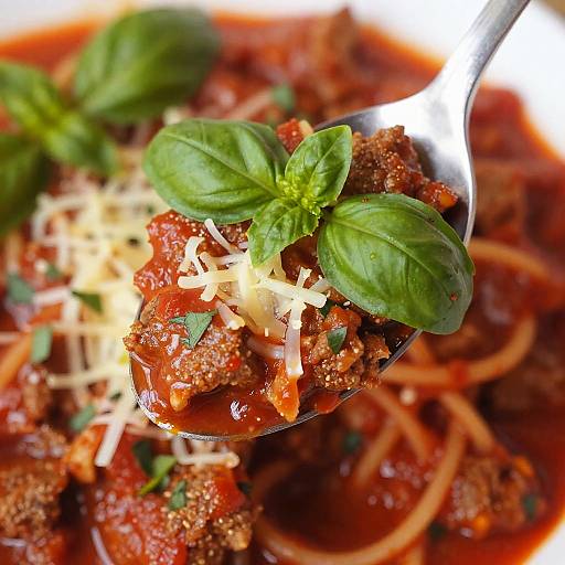 Close-up of Spaghetti Bolognese with Fresh Basil