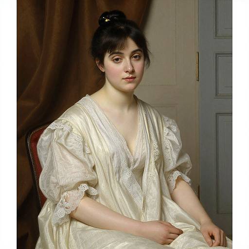 Photograph of a pale-skinned woman with dark hair in an updo, wearing a cream, lace-trimmed, V-neck gown, seated